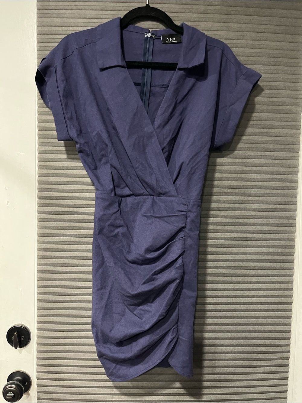 Vici Navy Blue Ruched Surplice Mini Dress